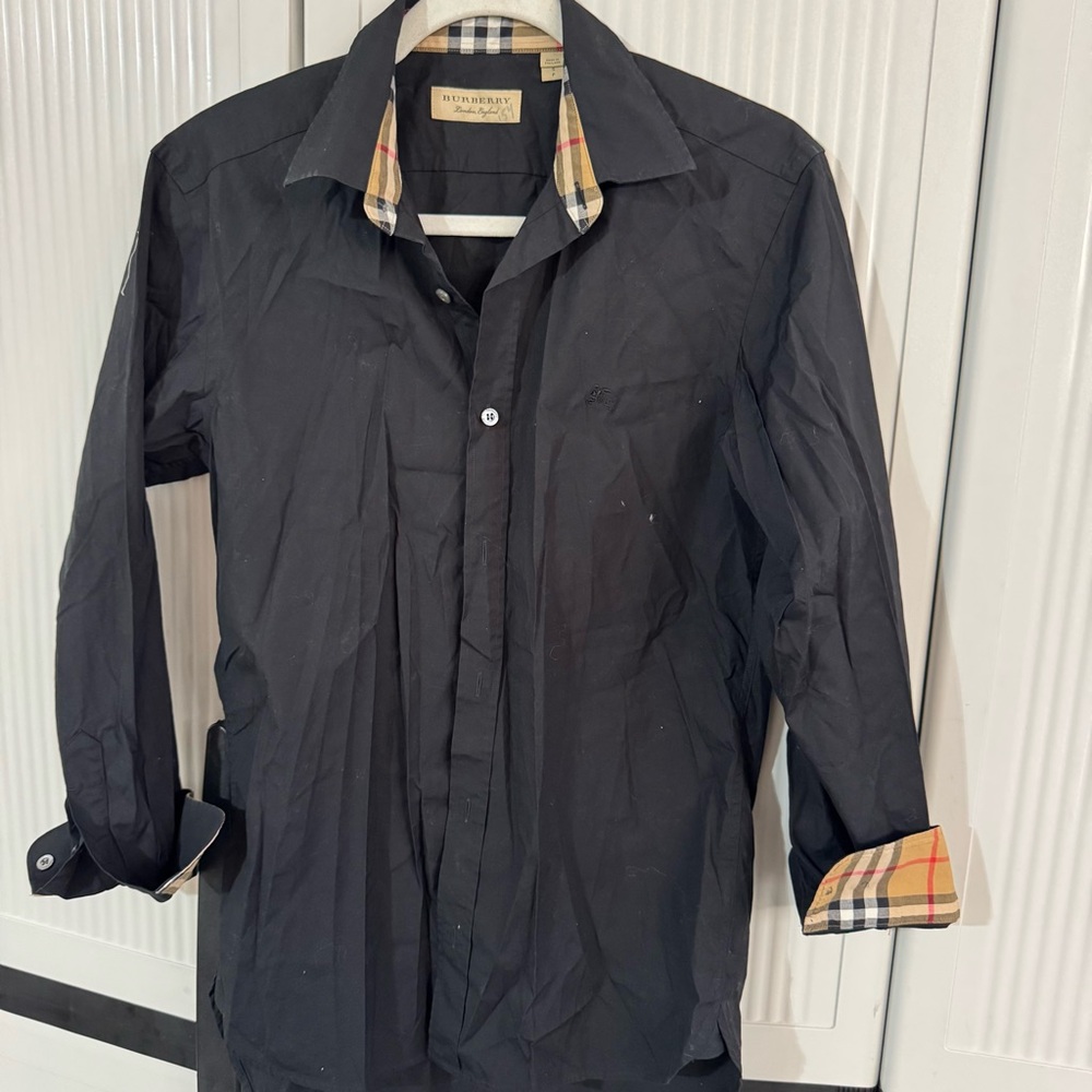 Burberry Black Button-Down Shirt with Classic Check Trim